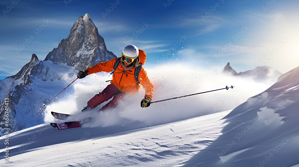 The skilled skier, dressed in vivid winter attire, effortlessly glides through the fresh powder with precision. A skier rides down the slope in winter, skiing on snowy mountains.