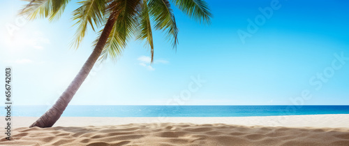 Tropical beach with fine sand  some palms near  calm sea with clear sky above. Empty copy space template for vacation or holiday product. Generative AI