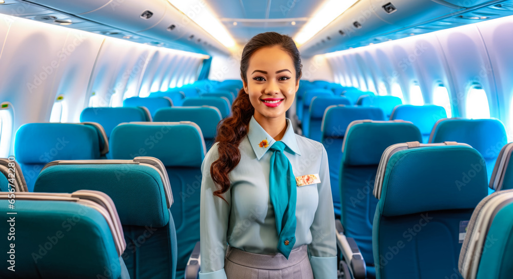 Asian woman working as flight attendant. Female airplane stewardess with blurred seats in aisle background. Generative AI Asian woman working as flight attendant. Female airplane stewardess with blurred seats in aisle background. Generative AI