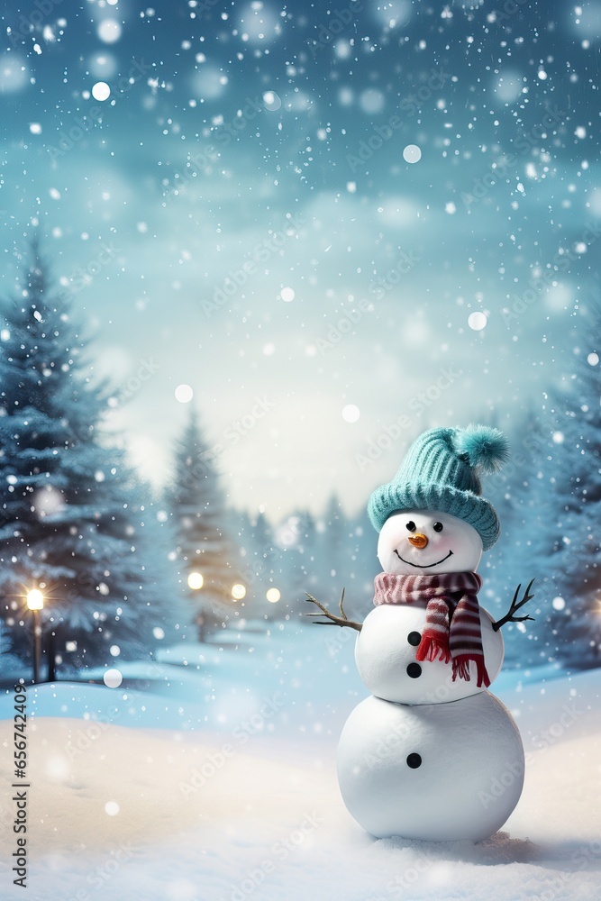 Happy Snowman over a Snowy Background. X Mas Season. December 25th Event.