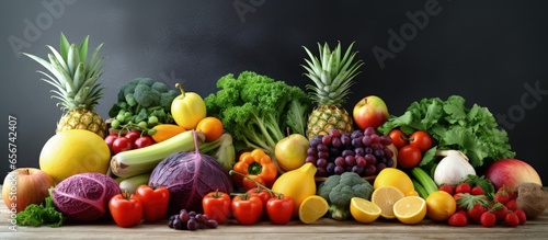 Colorful fruits and veggies scattered on table in studio shot with copyspace for text