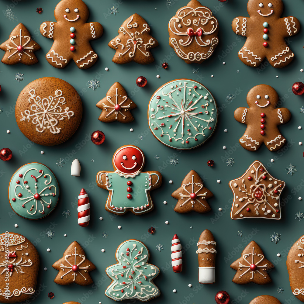 Traditional gingerbread Christmas cookies cartoon repeat pattern Xmas	