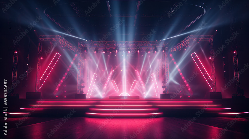 Online event entertainment concept. Background for concert. Blue stage spotlights. Empty stage with blue spotlights. - obrazy, fototapety, plakaty 