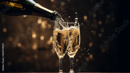 Coupes de champagne et bouteille, célébration et fête. Ambiance festive, nouvel an, anniversaire. Pour conception et création graphique.
