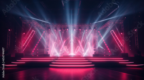 Online event entertainment concept. Background for concert. Blue stage spotlights. Empty stage with blue spotlights. photo