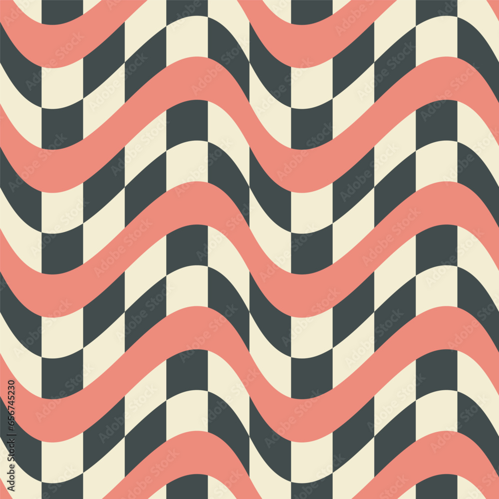 Checkered wave line abstract seamless pattern swatch. Decorative geometrical grid. Black white, red vintage colours palette. Graphical ornamental background Checkered wave line abstract seamless pattern swatch. Decorative geometrical grid. Black white, red vintage colours palette. Graphical ornamental background