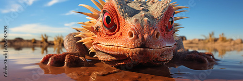 African Amphisbaena, a two - ended dragon, in a Sahara desert oasis, vivid colors, harsh midday light casting long shadows, rippling water reflections photo