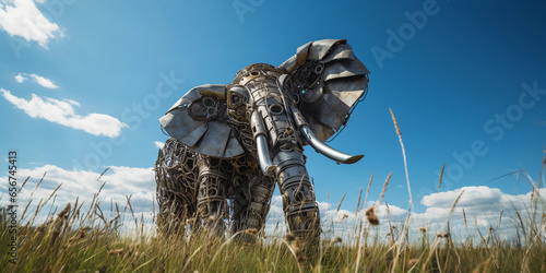 life - sized elephant sculpture made from recycled metal, set in a grassy field, blue sky with fluffy clouds, sunlight bouncing off the metal © Marco Attano