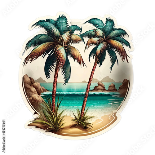 Badge with an illustration of a Caribbean beach with palm trees and sun. Generative ai. © maaramore©	