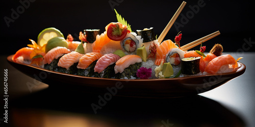 sushi boat, filled with various types of sushi and sashimi, floating on a small indoor pond
