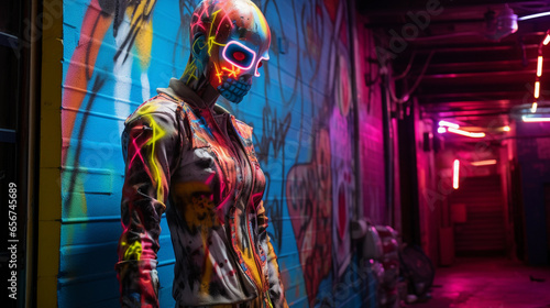 graffiti - covered concrete sculpture of a humanoid figure, set in an urban alleyway, neon lights reflecting off the colorful paint, focus on texture and detail