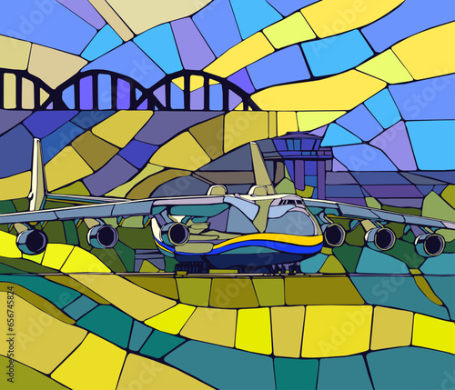 Kyiv, Ukraine. View with plane. Cargy aircraft, vector graphic, illustration create by artist.
