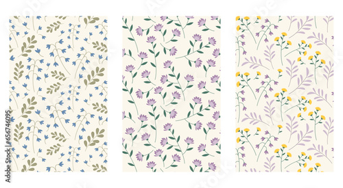 Set of floral patterns in flat style. Vector wallpaper with flowers. Pastel shades.