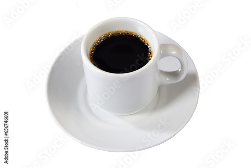 white cup with coffee top view isolated on white background
