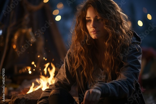  Woman sitting near a glowing campfire, captivated by the beauty of the night sky above her.