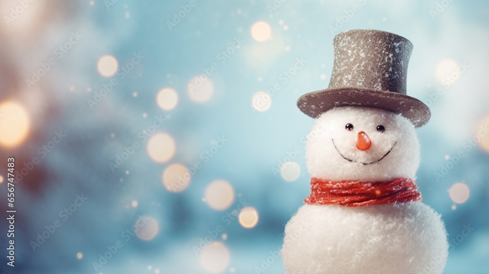 Happy snowman with bright red hat and mittens in a snowy landscape Happy snowman with bright red hat and mittens in a snowy landscape