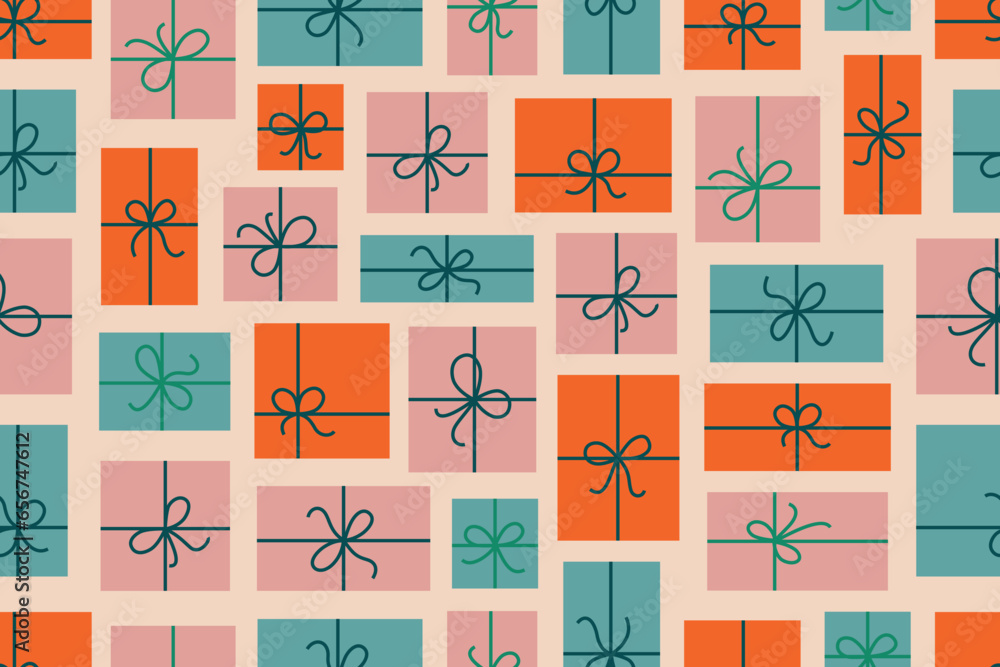 Abstract christmas gift boxes seamless vector pattern in retro style. Geometric background for card, wrapping, wallppaper