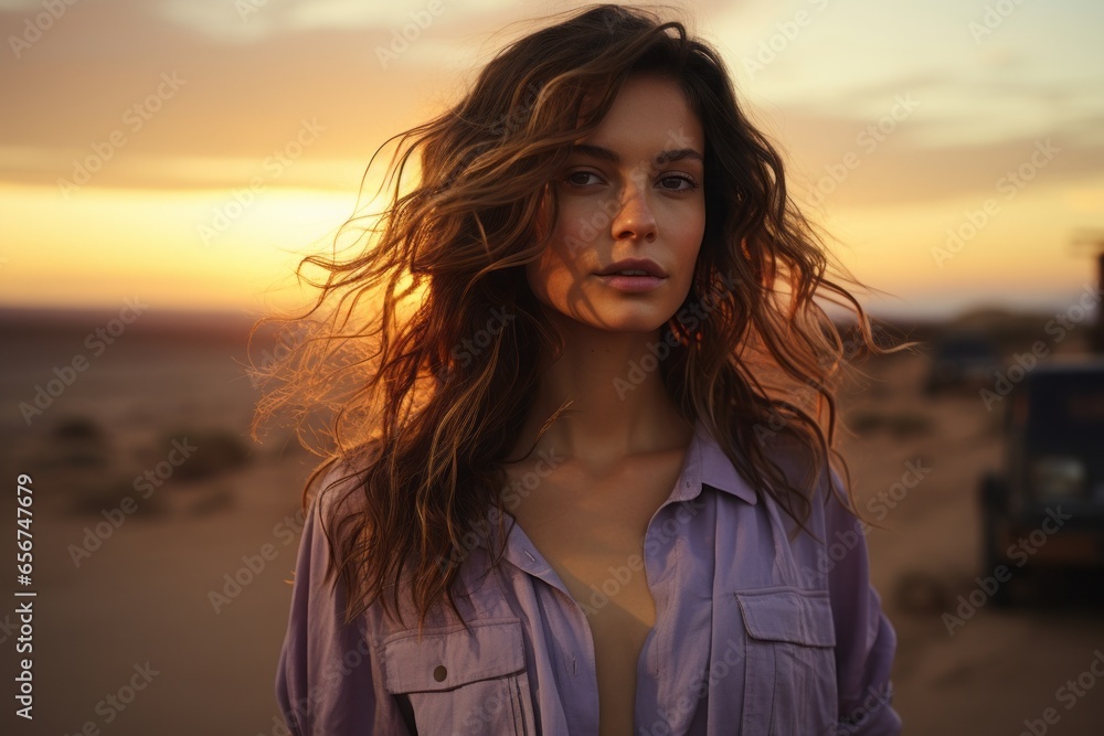 Entrancing view of a woman gazing at a soft-hued dawn, with a gradient of pastel colors painting the sky, evoking a sense of awe and inspiration.