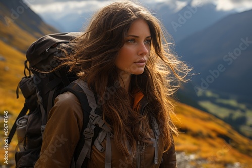 Woman hiking with a breathtaking mountain background, creating a cinematic scene of adventure and natural grandeur.