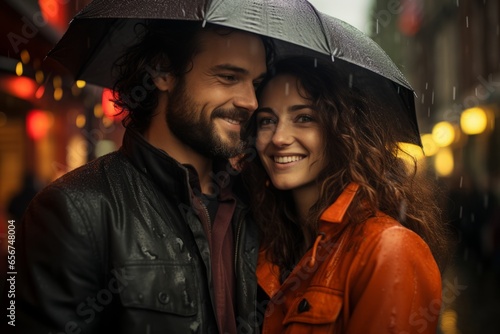 A couple cozily shares an umbrella as raindrops splatter around them  setting a romantic scene against an urban backdrop  epitomizing love in the city s heartbeat.