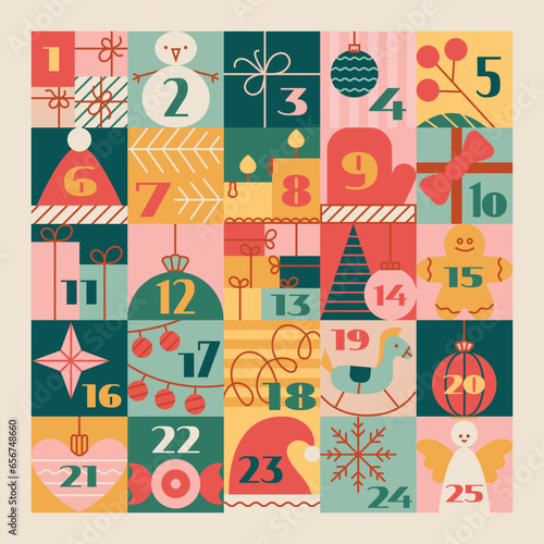 Christmas advent calendar with cute cartoon elements, numbers. Cute winter vector illustration for funny tradition