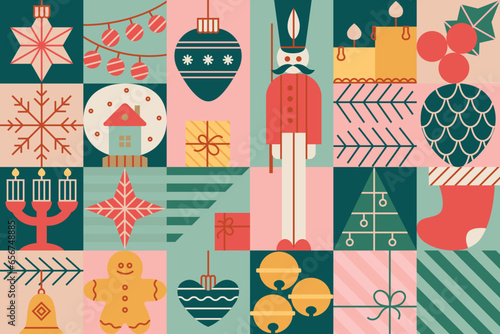 Christmas seamless block pattern with toys, balls, star, soldier, tree, candle. Vintage stile illustrations