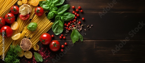 Italian cuisine concept with various pasta tomatoes basil herbs and spices on a top view background with copyspace for text
