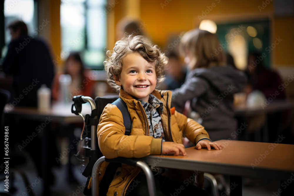 Portrait of young disabled boy in wheelchair smiling in school class room. Lifestyle of special child, life in the education elementary school age of kid, happy disability kid concept. Portrait of young disabled boy in wheelchair smiling in school class room. Lifestyle of special child, life in the education elementary school age of kid, happy disability kid concept.