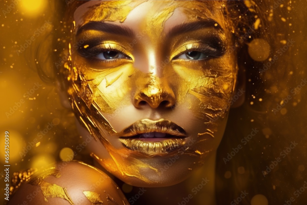 Beauty woman painted in gold skin color body, gold makeup, lips