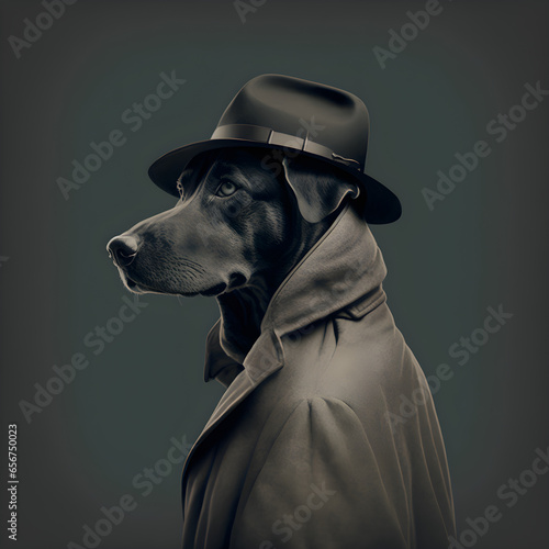 Obraz na płótnie Perro con gorro y gabardina IA Generative