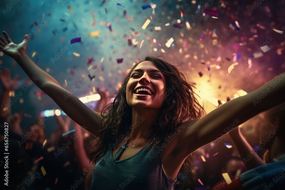 Obraz premium A woman having fun at a celebration against the backdrop of confetti fireworks