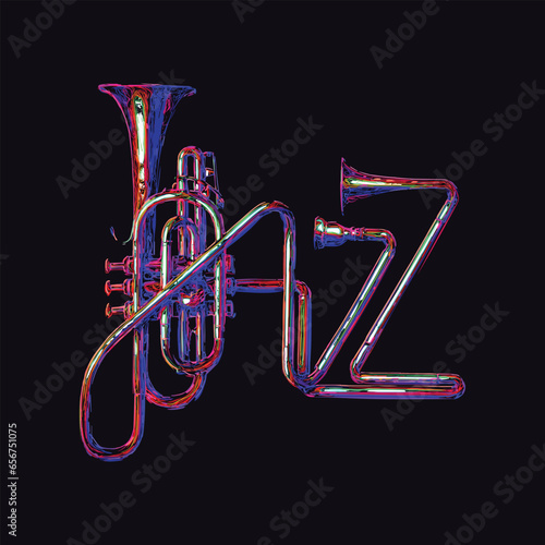 Vibrant neon vector of a trumpet merging with the word "JAZZ". Artistic representation of jazz music's lively spirit.
