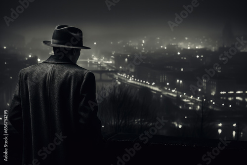 Detective stands alone on a hill, shrouded in darkness, while the city lights twinkle in the distance