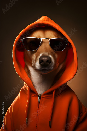 Obraz na płótnie Perro rapero con capucha roja