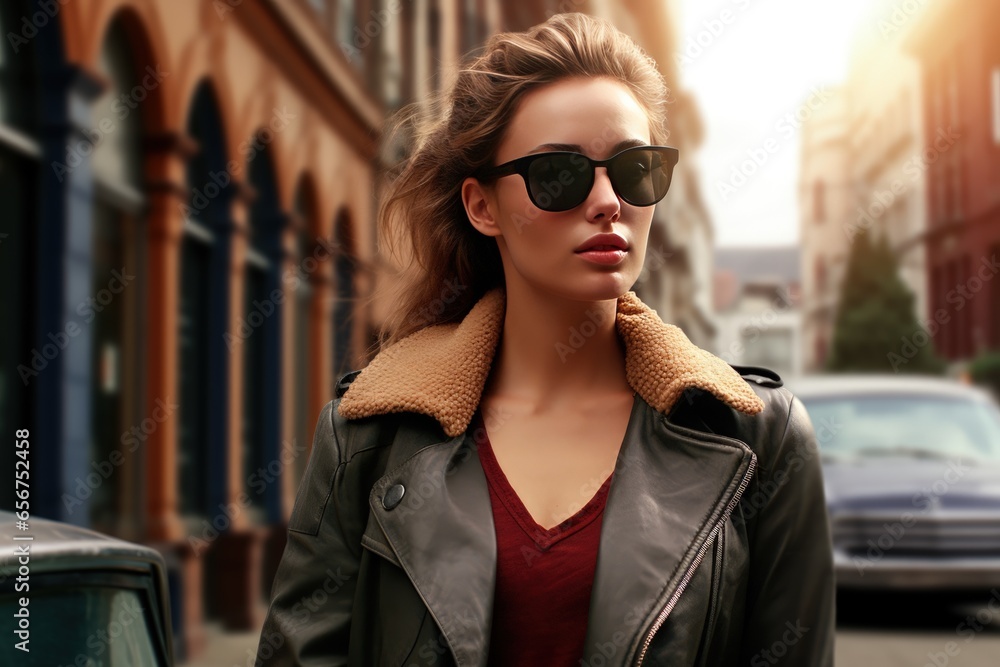 A woman in dark glasses walks down the street A woman in dark glasses walks down the street