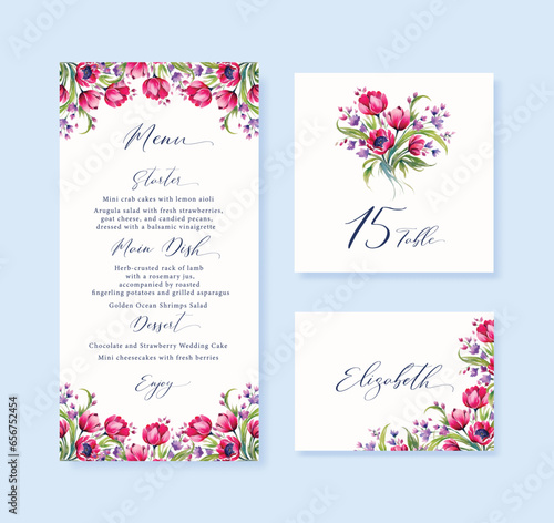 Watercolor floral rustic wedding menu, table and escort cards with vintage wild flowers illustration.