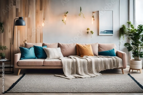 a sofa with Scandinavian-style throw blankets and pillows for added comfort
