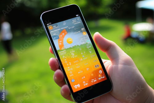 Checking the weather forecast on a smartphone. photo