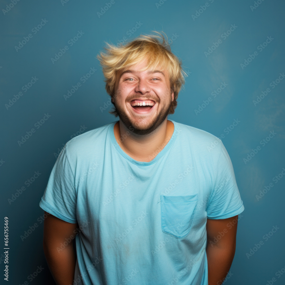 Face of overweight man looking at camera on blue background Face of overweight man looking at camera on blue background