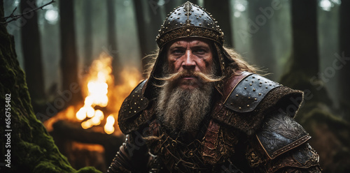 A fierce dwarf warrior with a wild, enraged expression in the woods, clad in leather armor, ready for battle..