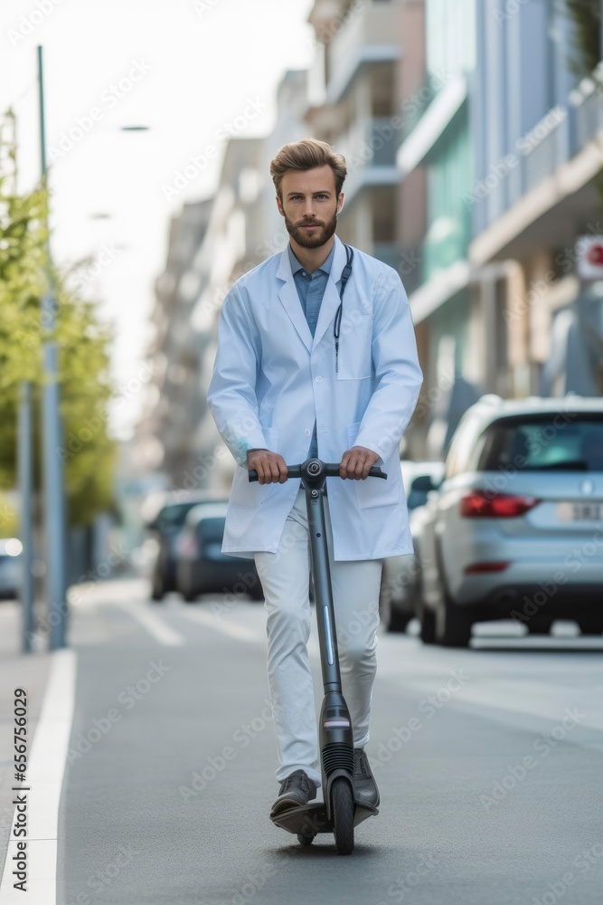 Doctor Commuting on Electric Scooter in Urban Setting. Generative AI Doctor Commuting on Electric Scooter in Urban Setting. Generative AI