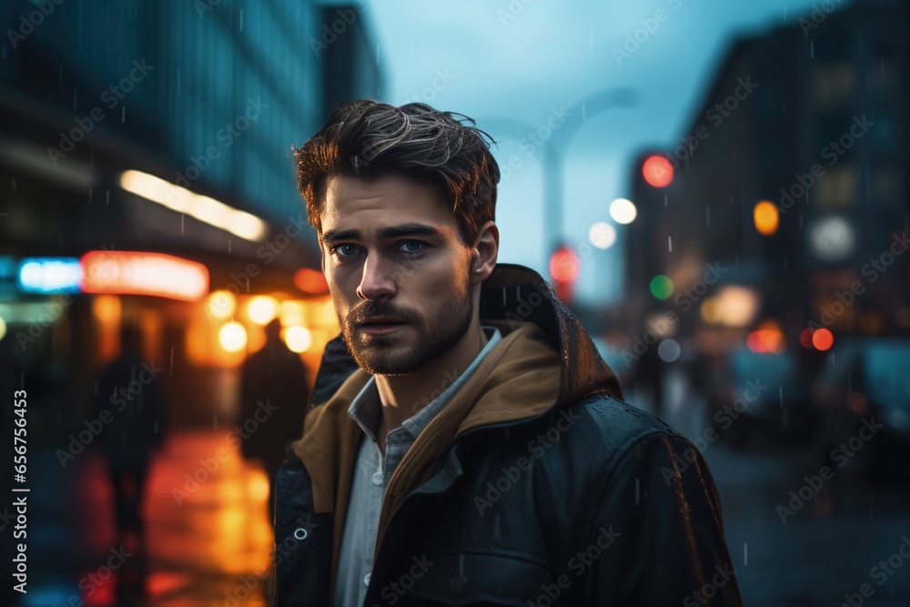 Fototapeta premium A man against the background of a rainy street with lights
