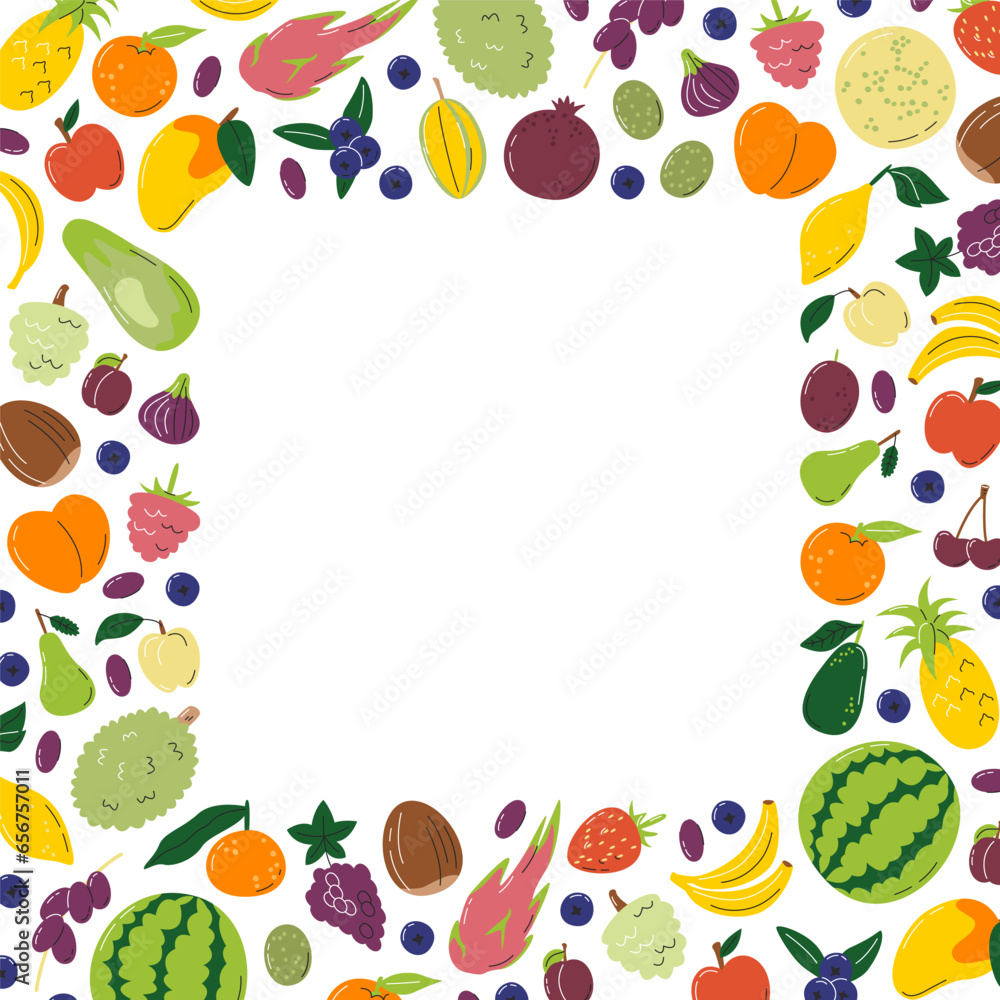 Juicy fruits frame concept design. Fruity nutrition square banner with copy space. Exotic various organic agricultural local farmers products. Fresh tropical fruit hand drawn flat vector illustration Juicy fruits frame concept design. Fruity nutrition square banner with copy space. Exotic various organic agricultural local farmers products. Fresh tropical fruit hand drawn flat vector illustration