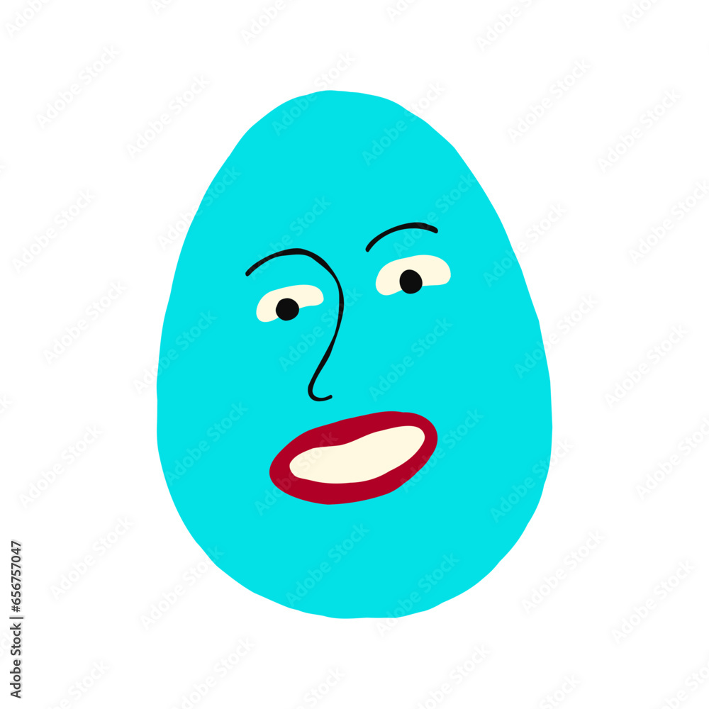 Funny strange blue egg with face. Cute quirky comic Easter egg illustration