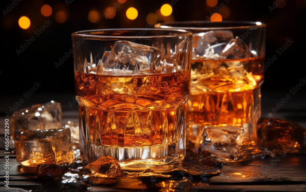 Two glasses of whiskey with ice on dark wooden table, closeup