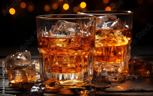 Two glasses of whiskey with ice on dark wooden table, closeup