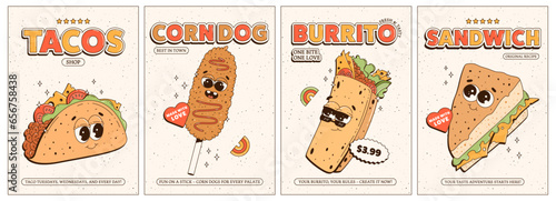Posters set with trendy retro groovy fast food characters. Taco, corn dog, burrito, sandwich. Contemporary cartoon style on 60s-70s characters. Mascots for bar and restaurant. Vector illustration.