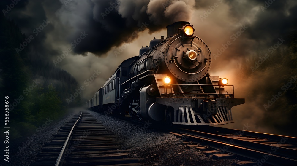 antique steam locomotive, vintage train, sunset and forest, screensaver for your computer and phone desktop, dark background - obrazy, fototapety, plakaty 
