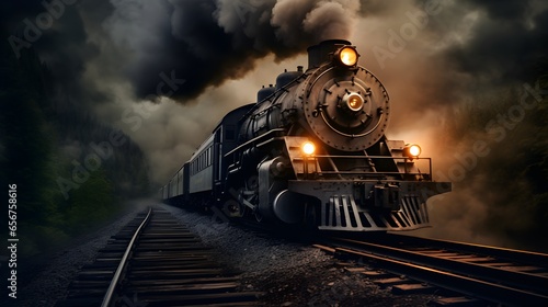 antique steam locomotive, vintage train, sunset and forest, screensaver for your computer and phone desktop, dark background photo