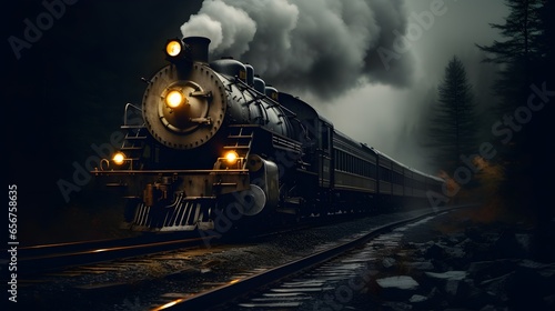 antique steam locomotive, vintage train, sunset and forest, screensaver for your computer and phone desktop, dark background